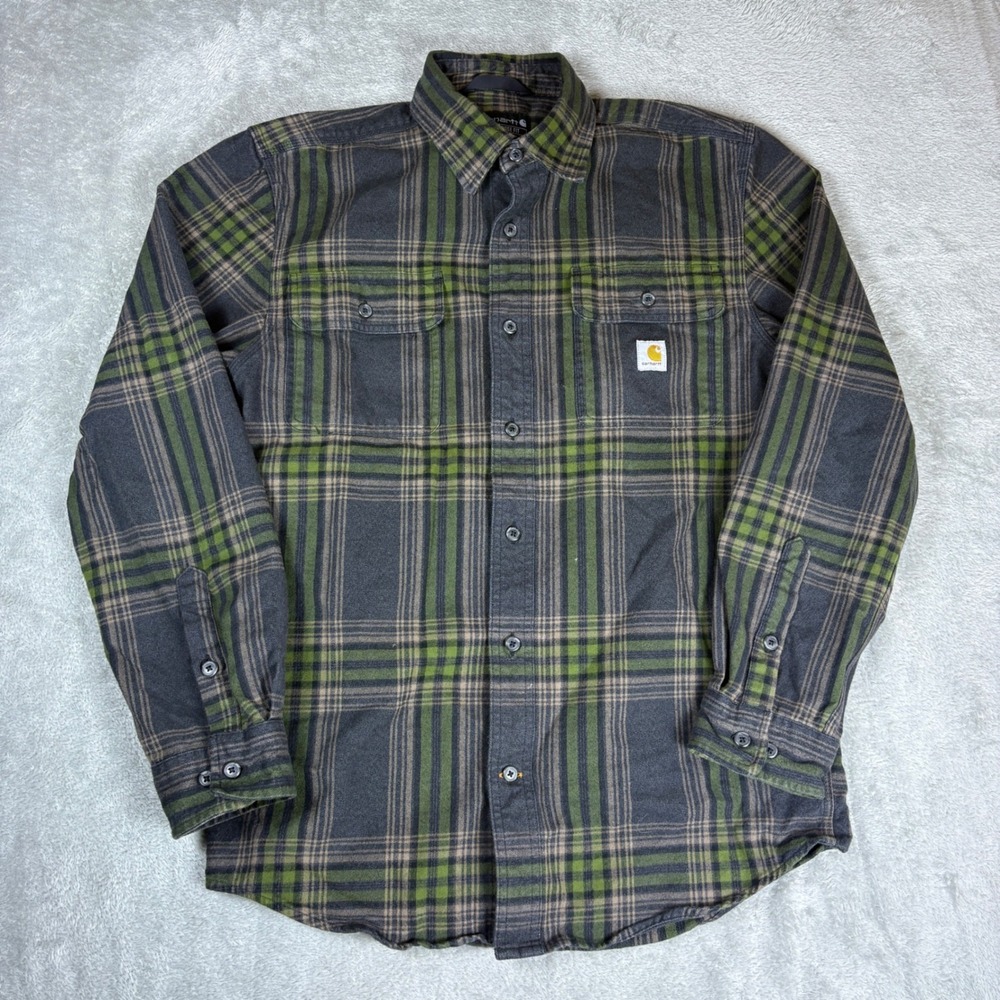 Carhartt Shirts Mens S Loose Fit Heavyweight Plaid Flannel‎ Green Charcoal Grey